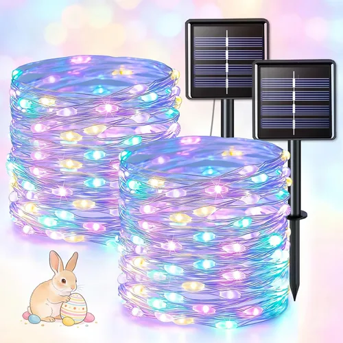 Vista 15 de JMEXSUSS - Paquete de 2 luces solares de hadas para exteriores, 10 m, 100 luces LED moradas para Navidad, impermeables, 8 modos de luces solares