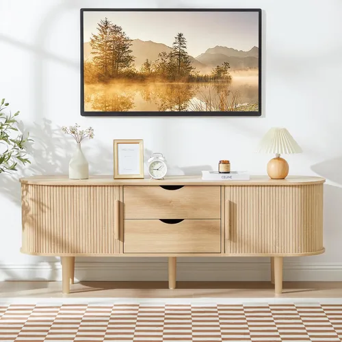 Vista 15 de Soporte de TV, mesa consola multimedia con puerta corredera y compartimento de almacenamiento, centro de entretenimiento moderno con almacenamiento