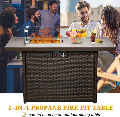 Vista 7 de LayinSun Mesa de Fogata de Gas Propano de 44", 55000 BTU Mesa de Fogata Rectangular con Protector de Viento de Vidrio para Patio Exterior, Terraza