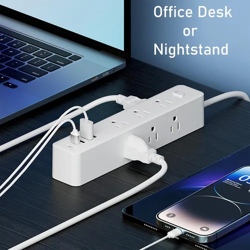 Vista 5 de Regleta protectora de sobretensiones, 9 tomas ampliamente espaciadas, 3 puertos USB A y 2 puertos USB C, cable de extensión largo de enchufe plano