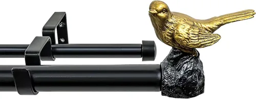 Barra de cortina telescópica de doble ventana de 1 pulgada de diámetro, remates de pájaro dorado renacentista, (48-84 pulgadas, barra negra)