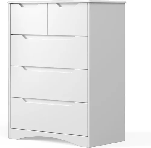Gizoon 5 Drawers Chest, White Dresser for Bedroom with Large Storage Capacity, Chest of Drawers with Embedded Handle, Deep-Drawer Dresser for Closet