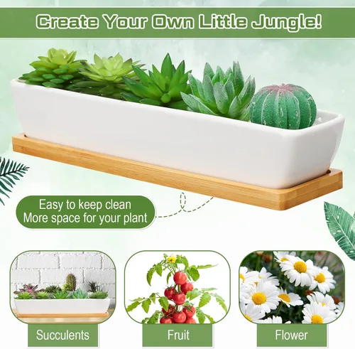 Vista 5 de Weewooday 4 macetas blancas para suculentas de 11 pulgadas de largo, rectangular, de cerámica, adecuadas para interiores y exteriores, hogar