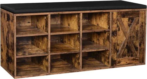 VASAGLE Shoe Bench, Storage Bench with Cupboard and 9 Open Compartments, Shoe Shelf, Padded Seat, Barn Door, 11.8 x 43.3 x 18.9 Inches, Rustic Brown