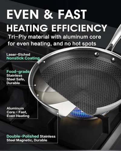 Vista 3 de Sartén antiadherente de acero inoxidable con tapa, sin PFOA Induction Compatible Oven & Dishwasher Safe Stay Cool Handle Versatile for All