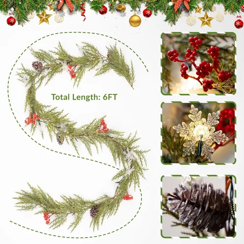 Vista 3 de Guirnalda de Navidad con luces de 6.5 pies, 20 LED de nieve, guirnalda de pino con luces, funciona con pilas, con bayas rojas, conos de pino