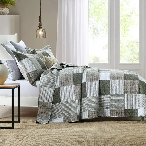 Vista 3 de PANGUSHAN Juego de edredón de 100 % algodón, tamaño King, juego de ropa de cama de retazos a cuadros, edredón reversible ligero de granja, edredón