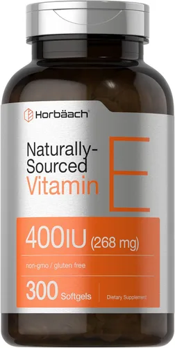 Horbäach Cápsulas de cápsulas blandas de vitamina E | 400 iu | 268 mg | 300 unidades | Fórmula de origen natural sin OMG y sin gluten | D-alfa