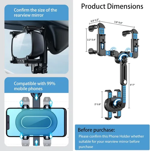 Vista 8 de ILKCC Soporte de teléfono para espejo retrovisor para automóvil, giratorio de 360° y retráctil multifuncional soporte de teléfono de visión trasera