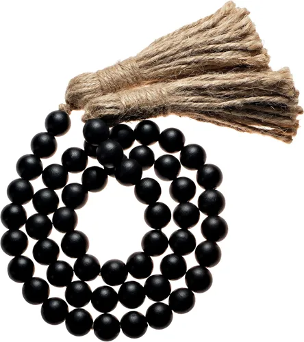 Cuentas decorativas de madera boho y guirnalda de borlas, color negro