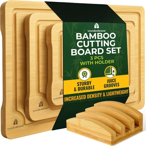 Vista 8 de Juego de tablas de cortar de bambú de 3 piezas - Tablas de cortar de madera gruesas y duraderas con ranuras profundas para jugo y asas incorporadas