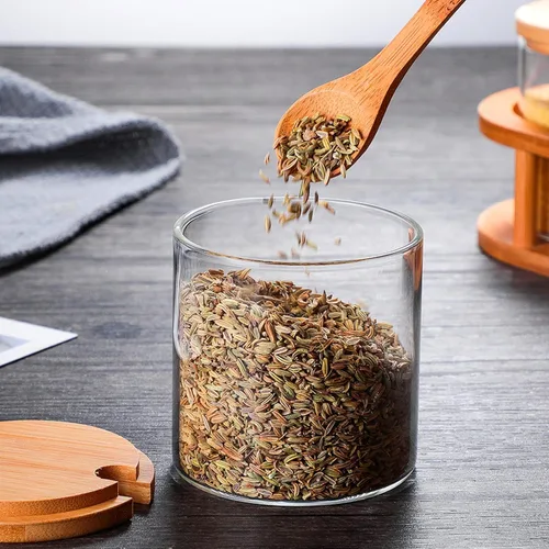 Vista 5 de Tarro de vidrio transparente de 10.1 fl oz/10 onzas con tapa de bambú y cuchara de madera, lindo recipiente de almacenamiento de sal de baño