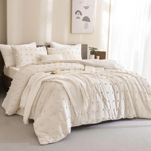 Paxrac Juego de edredón beige tamaño Queen, juego de edredón color crema de 3 piezas, juego de ropa de cama neutro ligero, edredón de microfibra