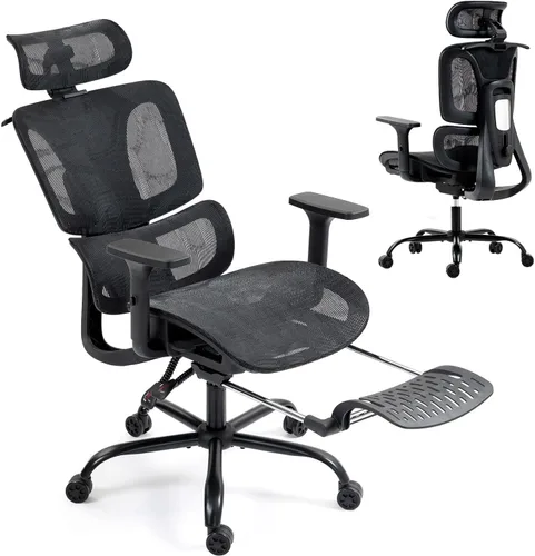 Silla de oficina ergonómica con soporte lumbar ajustable, reposabrazos y reposacabezas 3D, silla reclinable de 135° con reposapiés, silla giratoria