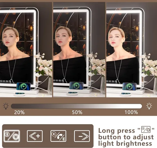 Vista 5 de Hasipu - Espejo de tocador con luces LED y altavoz Bluetooth, espejo iluminado de maquillaje de 32 x 22 pulgadas, con 3 modos regulables, puerto