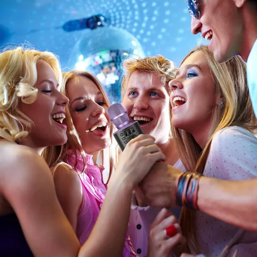 Vista 10 de Core Innovations - Micrófono de karaoke inalámbrico Bluetooth con altavoces incorporados + grabación HD, micrófono portátil de mano Lila