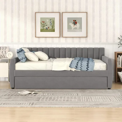 Vista 2 de Merax Sofá cama de tamaño matrimonial, sofá cama tapizada de tamaño matrimonial con nido, soporte de listones de madera, cama capitán, marco de sofá