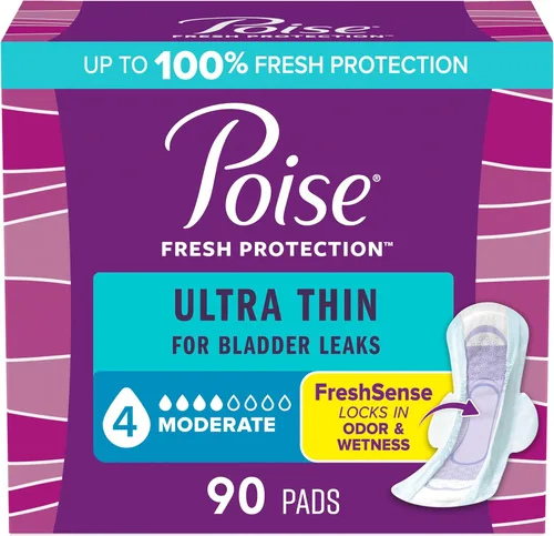 Poise Almohadillas ultrafinas para incontinencia y posparto con alas para fugas de vejiga, absorción moderada de 4 caídas, longitud regular, 90