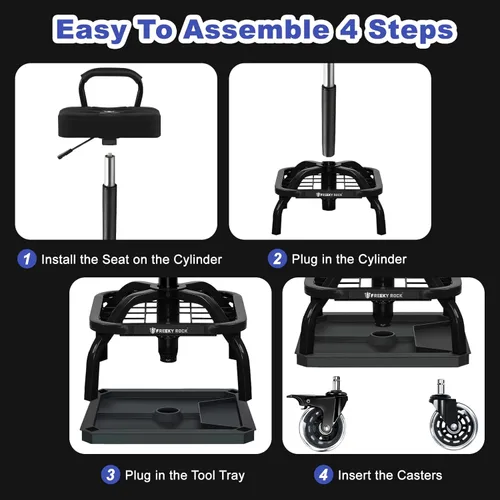 Vista 6 de Rolling Shop Taburete con ruedas, silla de taller mecánico de garaje con respaldo de asa, taburete de trabajo de altura ajustable, asiento