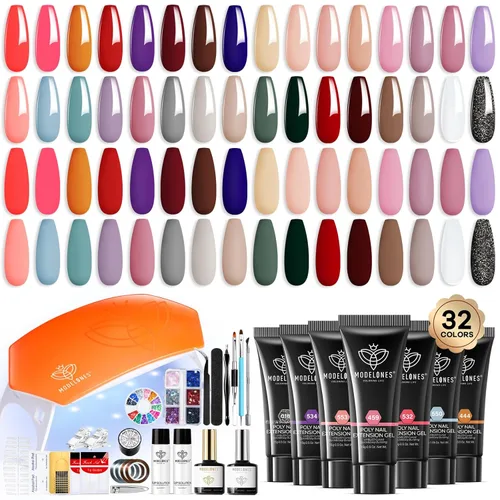 Modelones Kit de 133 piezas de gel de uñas de polietileno, 32 colores de primavera rosa pastel kit de extensión de poli gel con lámpara de uñas,
