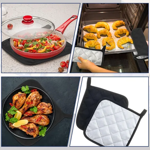 Vista 4 de Bokon 12 Pcs Pot Holders for Kitchen, Black Potholders Sets, Heat Resistant Cotton Hot Pad Oven Mitts Trivet with Hanging Loops for Baking Cooking