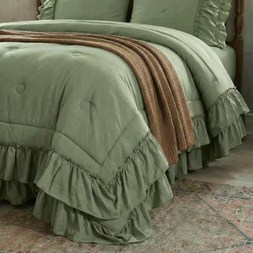 Vista 5 de Juego de Edredón Verde Aguacate de Tamaño Queen, Estilo Boho, Estilo Shabby Chic, 2 Capas, con Volantes, para Dormitorio, Decoración del Hogar