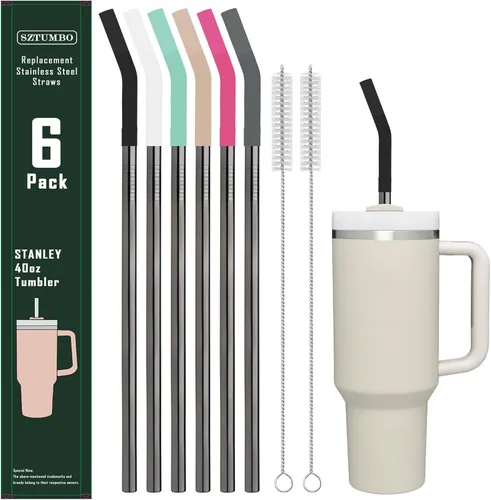 Vista 7 de Paquete de 6 popotes rectos reutilizables de acero inoxidable de 12 pulgadas, con 6 puntas de silicona y 2 cepillos de limpieza, para vaso Stanley
