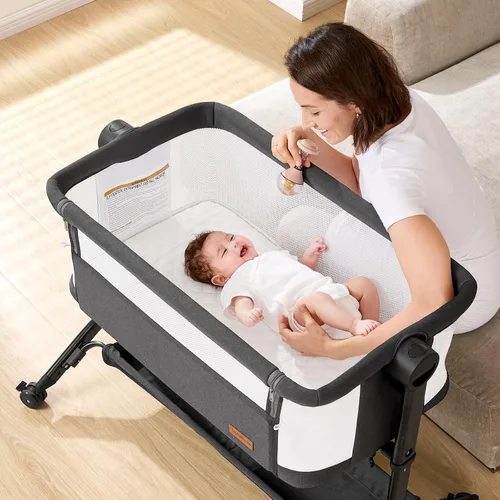 Vista 10 de Moisés para la cama con diseño de malla total, moisés portátil para bebé con colchón lavable, 5 alturas ajustables (Gris)