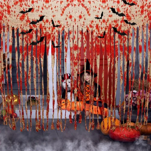 Decoración de puerta de Halloween de 6.5 x 6 pies, tela roja espeluznante, decoración colgante de fiesta de Halloween para el hogar, al aire libre,