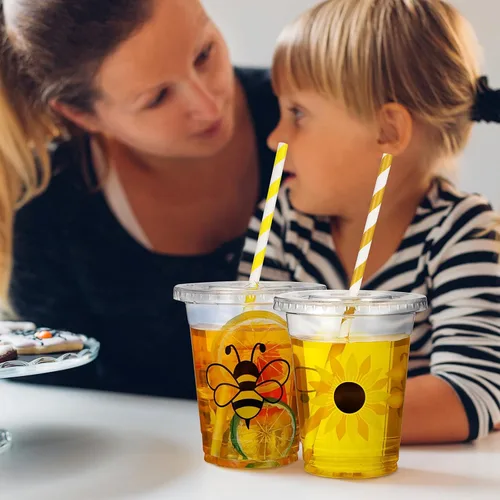 Vista 5 de Sliner 120 vasos de decoración de fiesta de abeja de miel, vasos de plástico desechables transparentes de 12 onzas, vasos de plástico para el primer