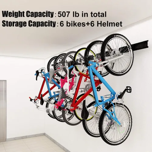 Vista 7 de Dirza Estante de almacenamiento de bicicleta de 68 pulgadas con protectores de pared para neumáticos de bicicleta, soporte de pared para 6
