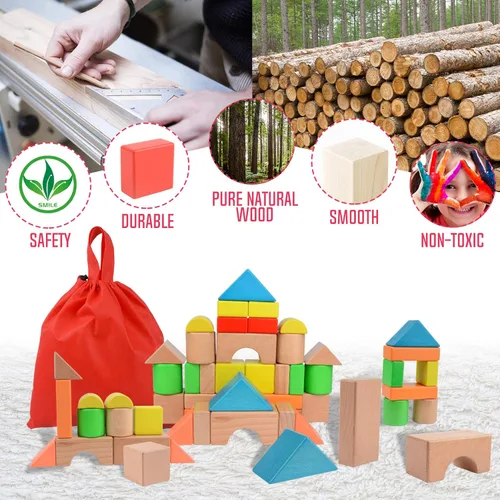 Vista 6 de Migargle Juego de bloques de construcción de madera grande - Juguetes educativos de aprendizaje preescolar con bolsa de transporte, bloques