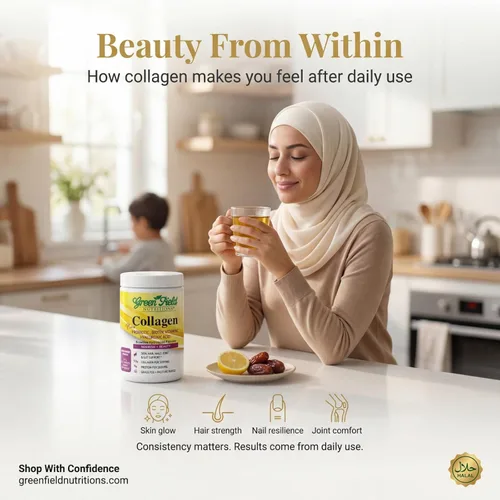 Greenfield Nutritions - Polvo de péptidos de colágeno halal – 0.32 oz de proteína halal probiótico, biotina, ácido hialurónico y vitamina C – 9.52