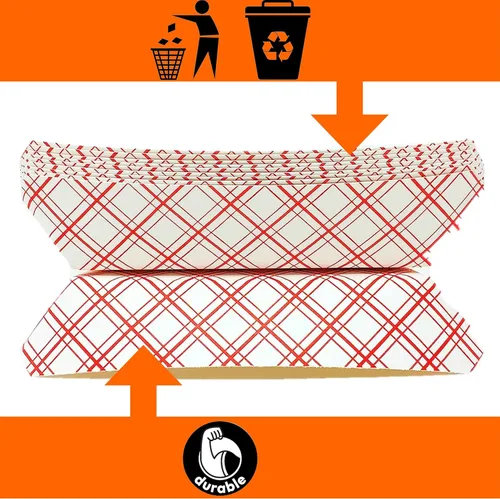 Vista 6 de Mr Miracle Bandejas de papel para alimentos, papel a cuadros rojo y blanco. Extra pequeñas (1/2 lb). Paquete de 100, botes desechables