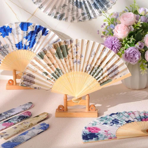 Vista 6 de Zonon 4 Pack de abanicos de mano florales plegables, abanicos de seda de bambú con borla para mujer, abanico de mano hueco plegable con funda