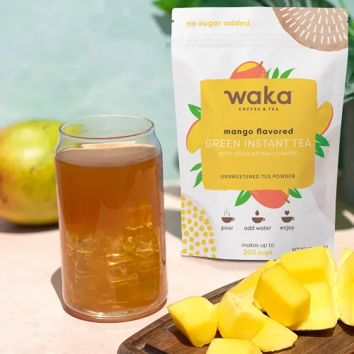 Vista 2 de Waka - Mezcla de té instantánea, paquete de 2 bolsas, 100% hojas de té, sin aditivos, polvo de té sin azúcar, sabor a mango y verde con sabor a