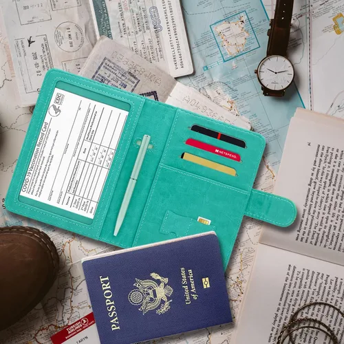 Vista 5 de RSAquar Combo de portatarjetas de pasaporte y vacunación, funda de pasaporte, funda de cuero para tarjetas de viaje, accesorios con bloqueo RFID
