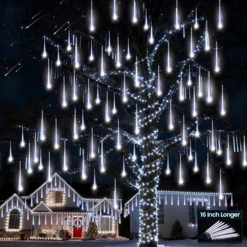Aluan Luces de Navidad para exteriores, luces blancas de lluvia de meteoritos de 16 pulgadas, 10 tubos, 360 LED, luz de lluvia que cae impermeable,