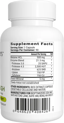 Vista 3 de BIOptimizers HCL Breakthrough - Suplemento de enzimas de clorhidrato de betaína - Ayuda con la descomposición y absorción de proteínas - Ayuda a