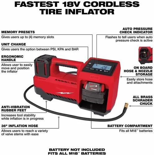 Vista 2 de 2848-20 Se adapta al inflador de neumáticos de iones de litio inalámbrico Milwaukee M18 18V - Herramienta desnuda