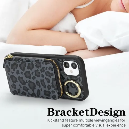 Vista 4 de Funda tipo cartera tipo bandolera para iPhone 11, de piel sintética, con cremallera, tipo cartera, con función atril, con ranuras para tarjetas