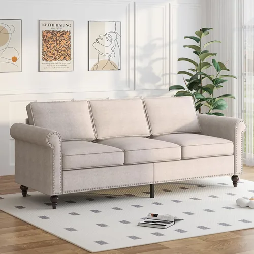 Vista 7 de Mjkone Juego de 2 Piezas para Sala de Estar, Sofás Seccionales, Juego de Sofá y Silla, Sofá Moderno de Lino con Marco de Madera y Patas