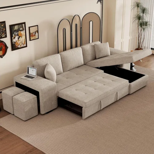 Vista 12 de Sofá cama modular modular modular en forma de L convertible de 3 plazas con diván de almacenamiento y 2 taburetes, juego de muebles reversibles