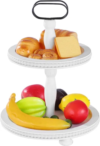 Vista 2 de Urban Deco Bandeja decorativa de madera de dos niveles, bandeja redonda para servir con mango de metal, soporte de madera para cupcakes