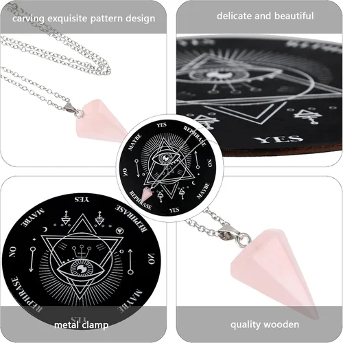 Vista 4 de Jetec Juego de tablero de péndulo de madera para radiestesia, mensaje metafísico con collar de péndulo de divinidad de cristal para suministros