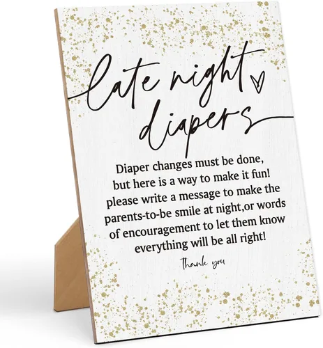 Letrero de pañales de Baby Shower Games Late Night de 8 x 11 pulgadas, letrero de madera con puntos dorados, decoración de mesa neutral de género