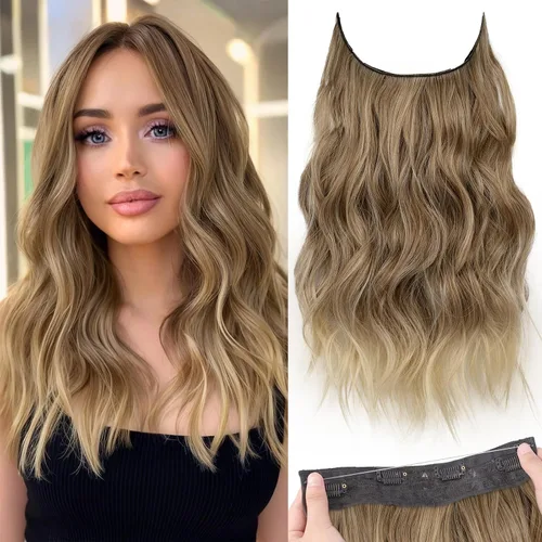 Vista 21 de KooKaStyle - Extensiones de cabello con hilo invisible, diadema transparente, ajustables, 4 clips fijadores, cabello largo y ondulado de 12