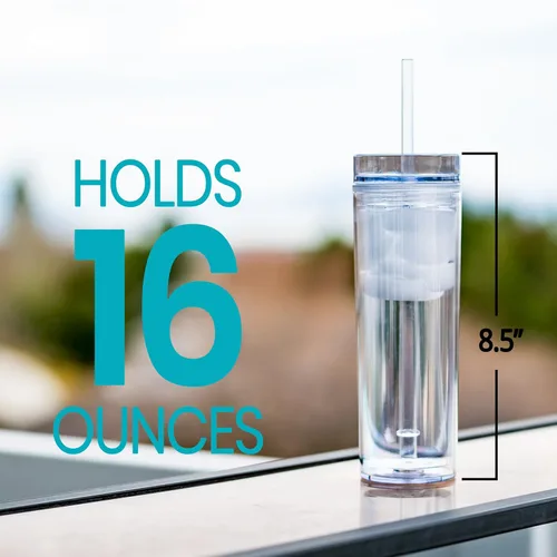 Vista 7 de STRATA CUPS 12 Vasos Transparentes Delgados con Tapas y Popotes Vaso Reutilizable de 16oz de Pared Doble Transparente con Tapa y Popote, Vasos