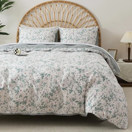 Vista 12 de HoneiLife Juego de funda de edredón floral 100% algodón, 3 piezas, suave, ropa de cama botánica con cierre de cremallera y lazos en las esquinas