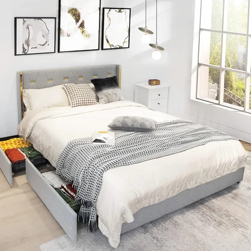 Vista 13 de KOTEK Base de cama tapizada de tamaño matrimonial con 4 cajones, base de cama de plataforma con cabecera copetuda con botones y soporte de listones